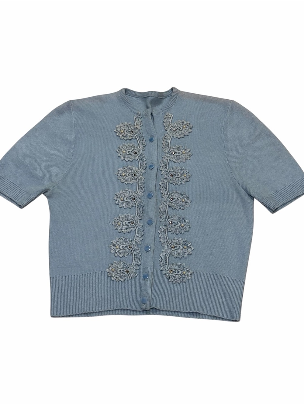 Vintage 1940’s Light Blue Embroidered Short-Sleeve Cardigan Sweater